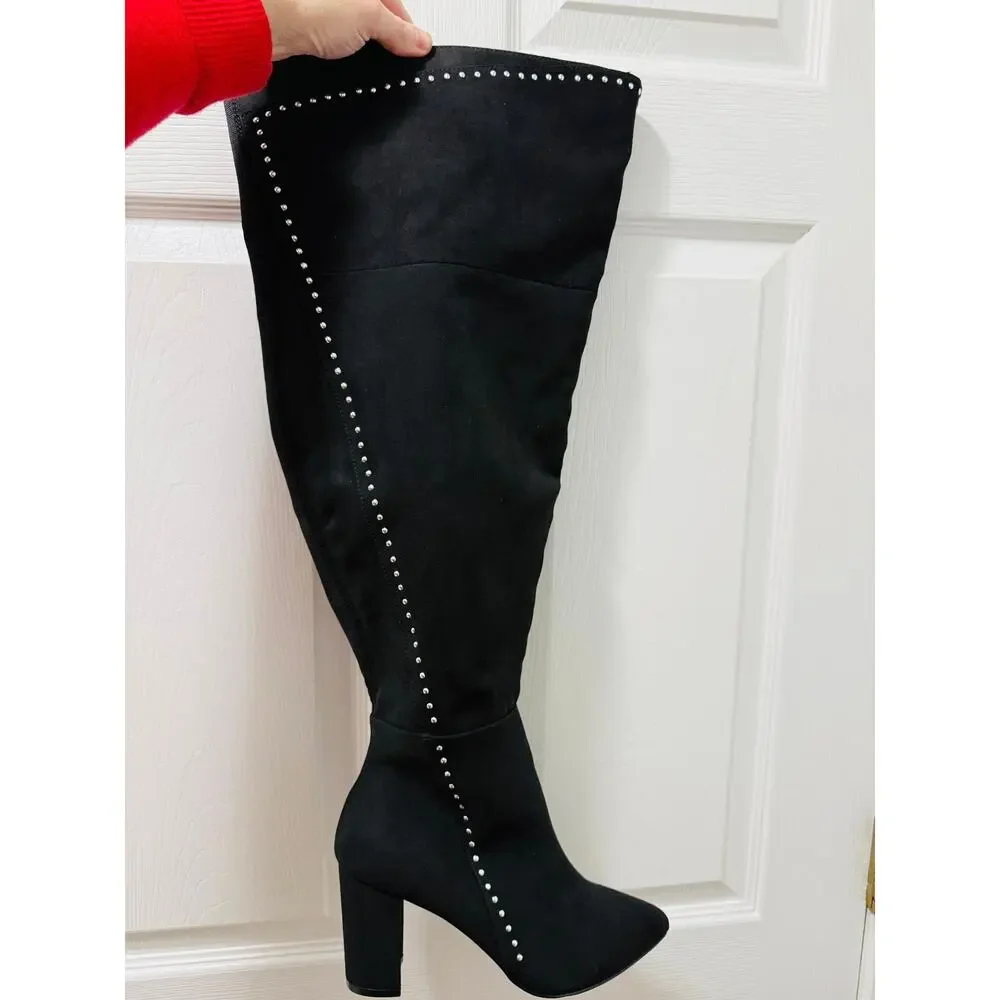 Torrid 8.5WW Black Faux Suede Studded Over The Knee Boots Wide Calf‎ Block Heel